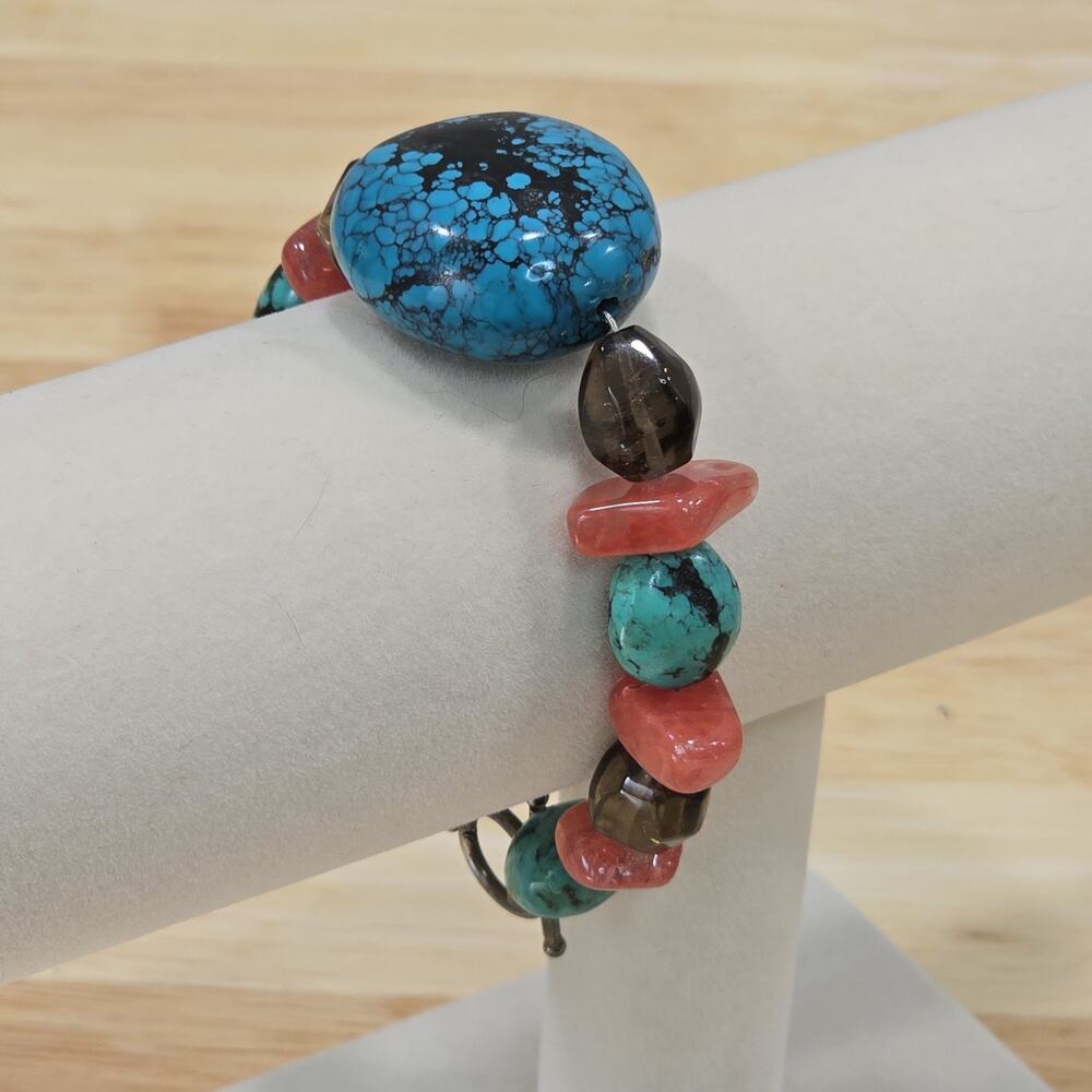 Blue Turquoise Colored Howlite Pink Grey Stone Beaded Bracelet Toggle Closure